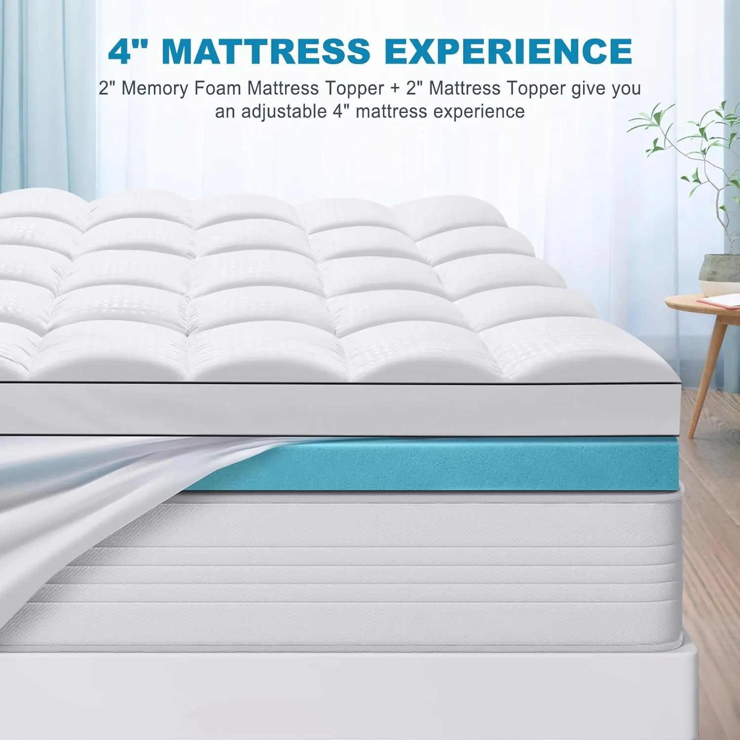 MASVIS Full Size Dual Layer 4 Inch Memory Foam Mattress Topper, 2 Inch Gel Memory Foam and 2 Inch Cooling Pillow Top Mattress Pad Cover for Back Pain, Medium Support