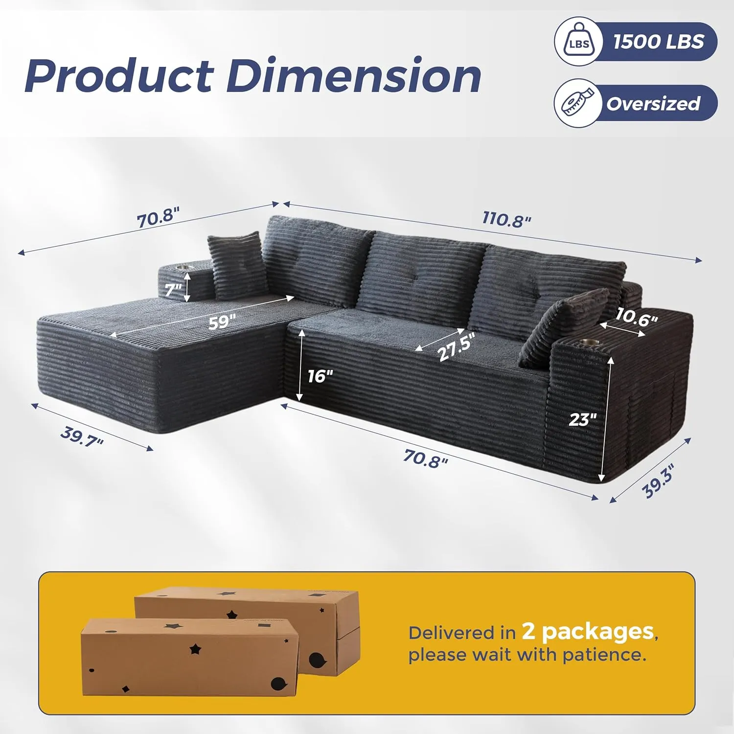 MAXYOYO 110" Modular Sectional Couch with L-Shape Chaise, Modern Boneless Couch for Living Room, Sofa in A Box, Oversized Sofa Sleeper with Deep Seat, No Assembly Required, Dark Grey
