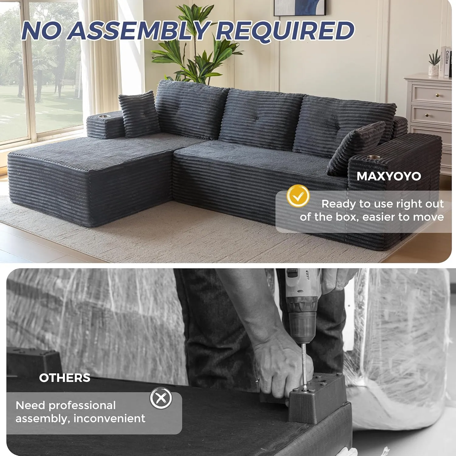 MAXYOYO 110" Modular Sectional Couch with L-Shape Chaise, Modern Boneless Couch for Living Room, Sofa in A Box, Oversized Sofa Sleeper with Deep Seat, No Assembly Required, Dark Grey