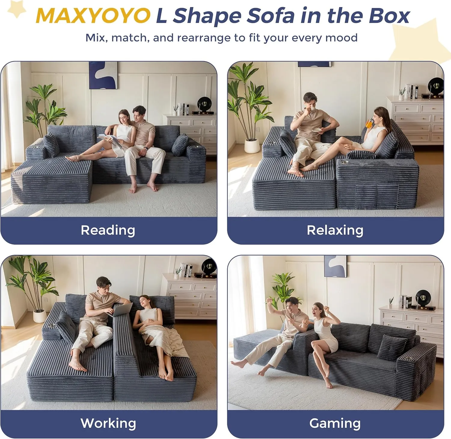 MAXYOYO 110" Modular Sectional Couch with L-Shape Chaise, Modern Boneless Couch for Living Room, Sofa in A Box, Oversized Sofa Sleeper with Deep Seat, No Assembly Required, Dark Grey