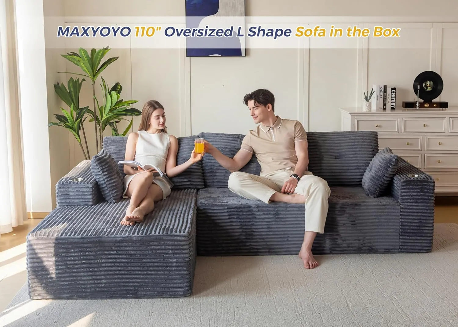 MAXYOYO 110" Modular Sectional Couch with L-Shape Chaise, Modern Boneless Couch for Living Room, Sofa in A Box, Oversized Sofa Sleeper with Deep Seat, No Assembly Required, Dark Grey
