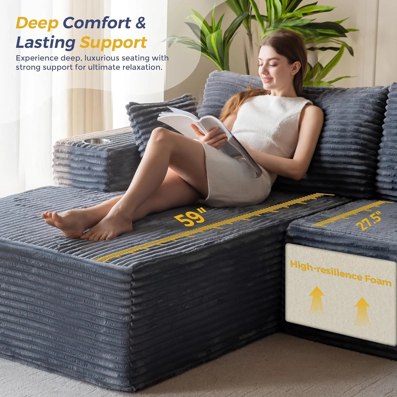 MAXYOYO 110" Modular Sectional Couch with L-Shape Chaise, Modern Boneless Couch for Living Room, Sofa in A Box, Oversized Sofa Sleeper with Deep Seat, No Assembly Required, Dark Grey
