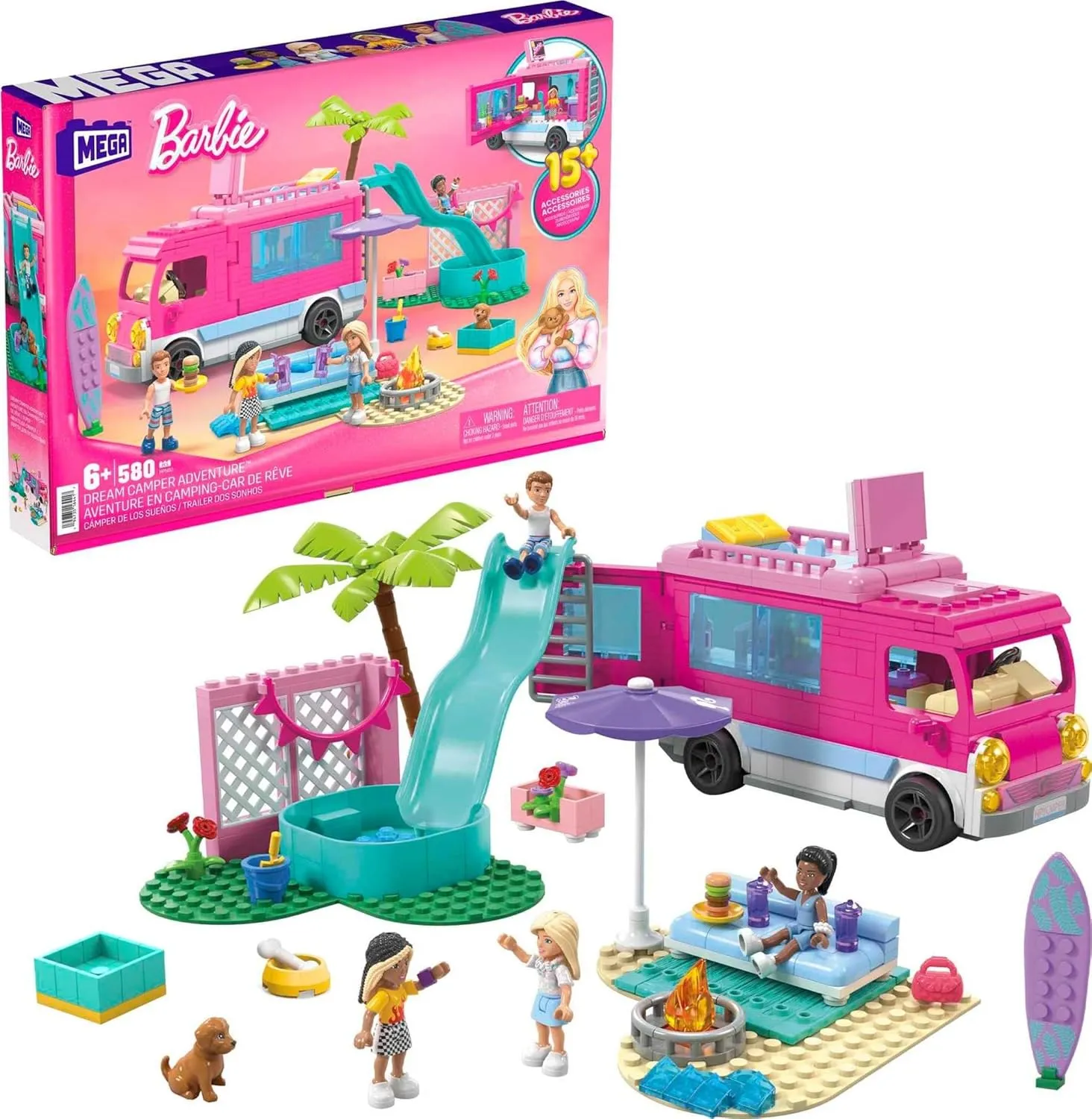 MEGA Construx Barbie Kids Building Toy Set, Dream Camper Adventure with 580 Pieces, 4 Micro-Dolls, Barbie Pets and Accessories, Pink, Ages 6  Years