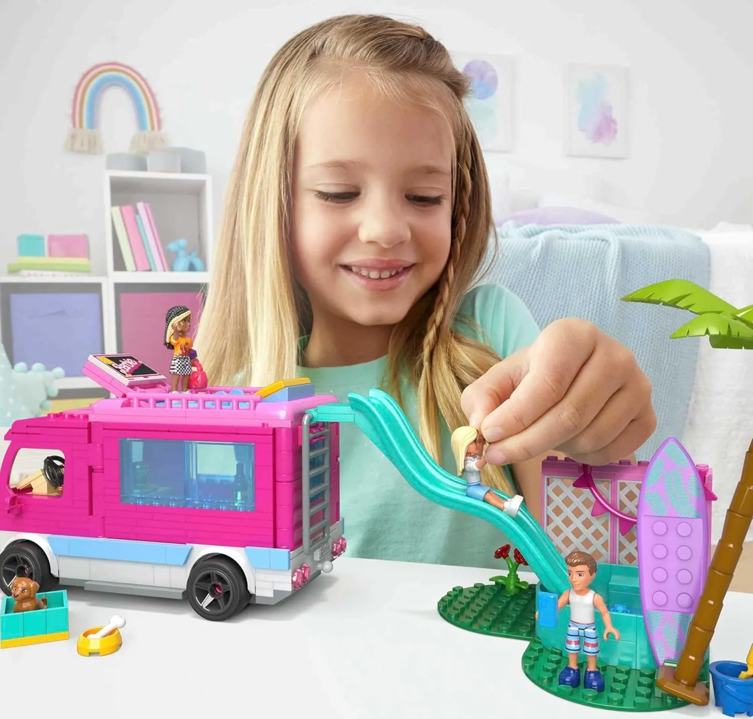 MEGA Construx Barbie Kids Building Toy Set, Dream Camper Adventure with 580 Pieces, 4 Micro-Dolls, Barbie Pets and Accessories, Pink, Ages 6  Years