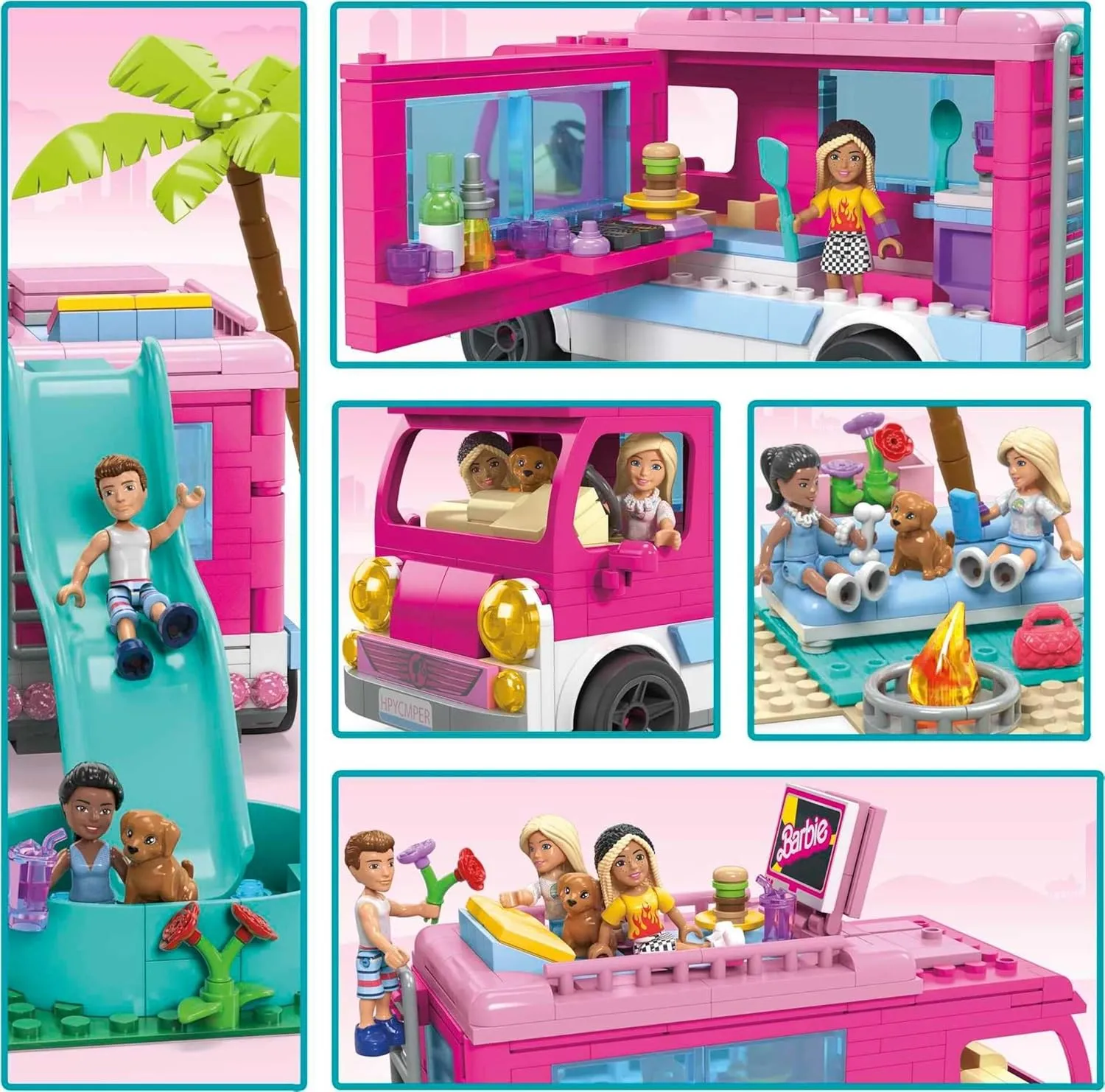 MEGA Construx Barbie Kids Building Toy Set, Dream Camper Adventure with 580 Pieces, 4 Micro-Dolls, Barbie Pets and Accessories, Pink, Ages 6  Years