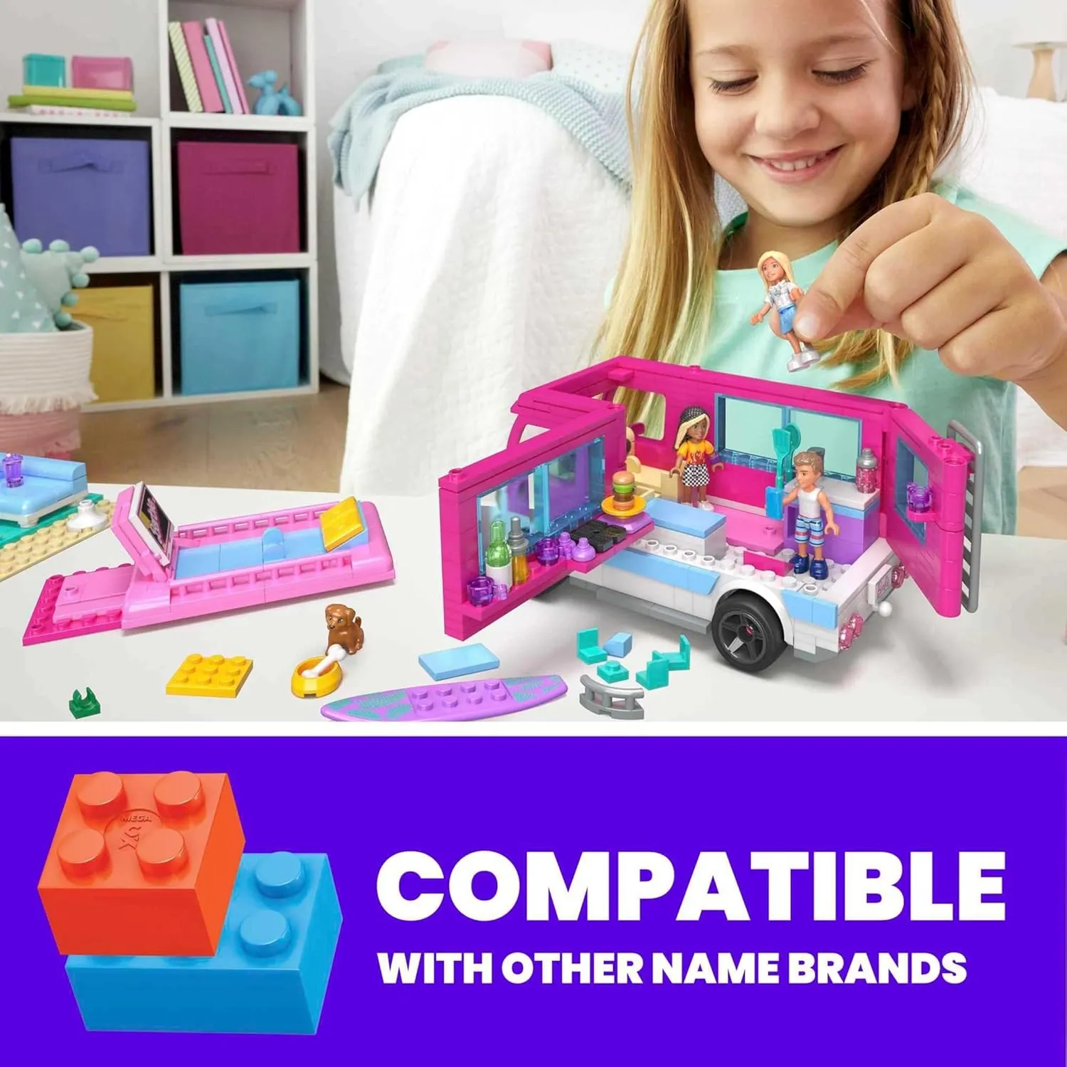 MEGA Construx Barbie Kids Building Toy Set, Dream Camper Adventure with 580 Pieces, 4 Micro-Dolls, Barbie Pets and Accessories, Pink, Ages 6  Years