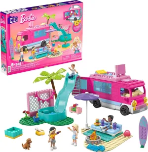 MEGA Construx Barbie Kids Building Toy Set, Dream Camper Adventure with 580 Pieces, 4 Micro-Dolls, Barbie Pets and Accessories, Pink, Ages 6  Years