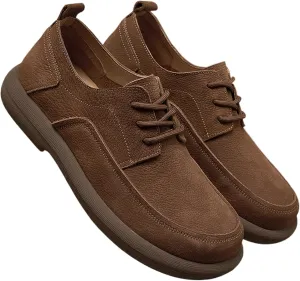 Men's Genuine Leather Round Toe Stacked Platform Oxfords Retro Classic Lace Up Comfortable Non-Slip Block Heel Oxford Sneakers Driving Work Business Dress Shoes