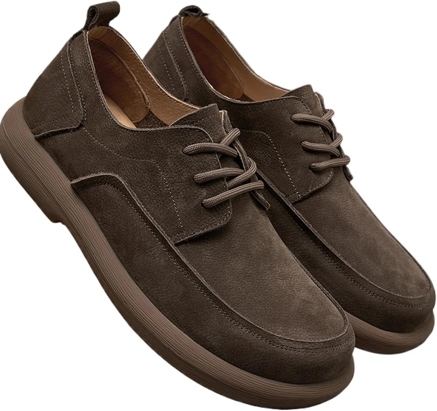 Men's Genuine Leather Round Toe Stacked Platform Oxfords Retro Classic Lace Up Comfortable Non-Slip Block Heel Oxford Sneakers Driving Work Business Dress Shoes