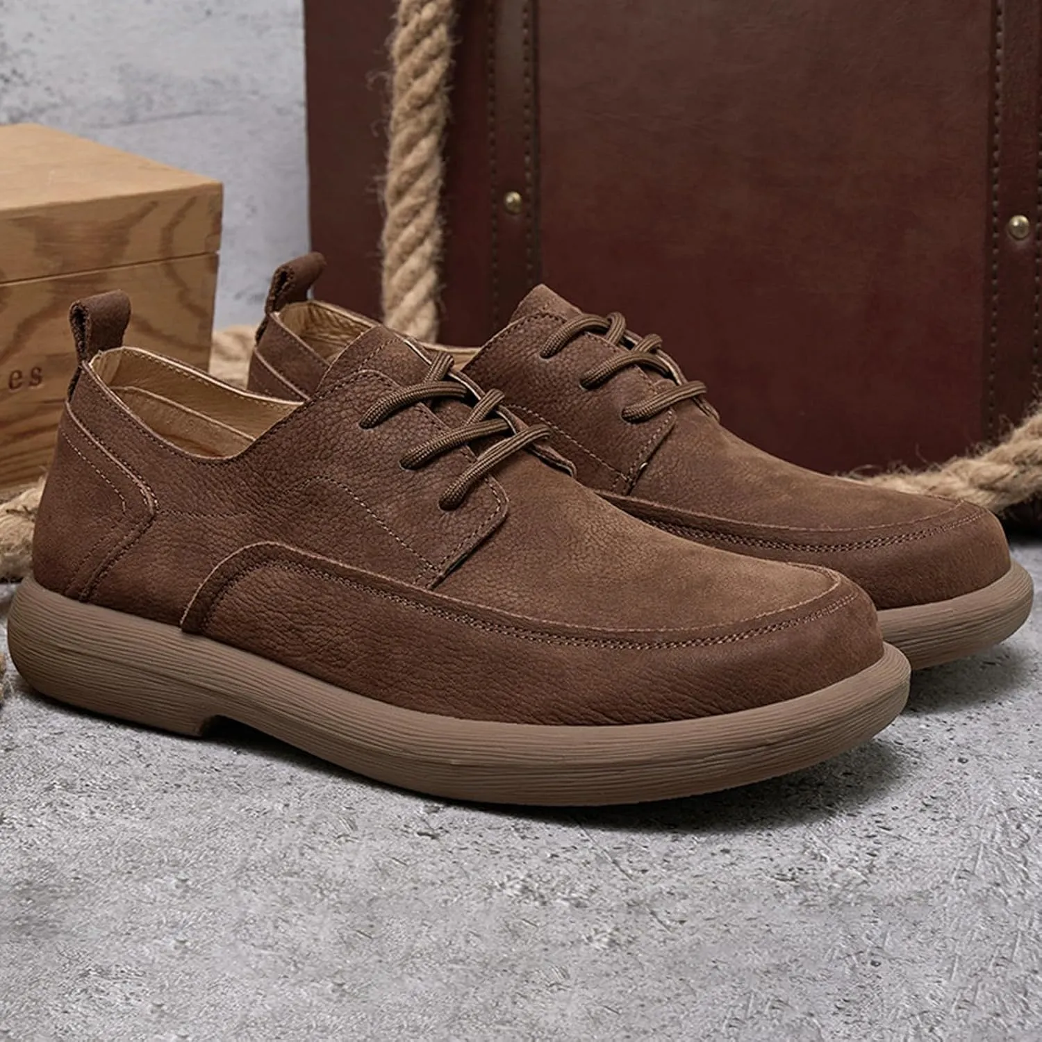 Men's Genuine Leather Round Toe Stacked Platform Oxfords Retro Classic Lace Up Comfortable Non-Slip Block Heel Oxford Sneakers Driving Work Business Dress Shoes