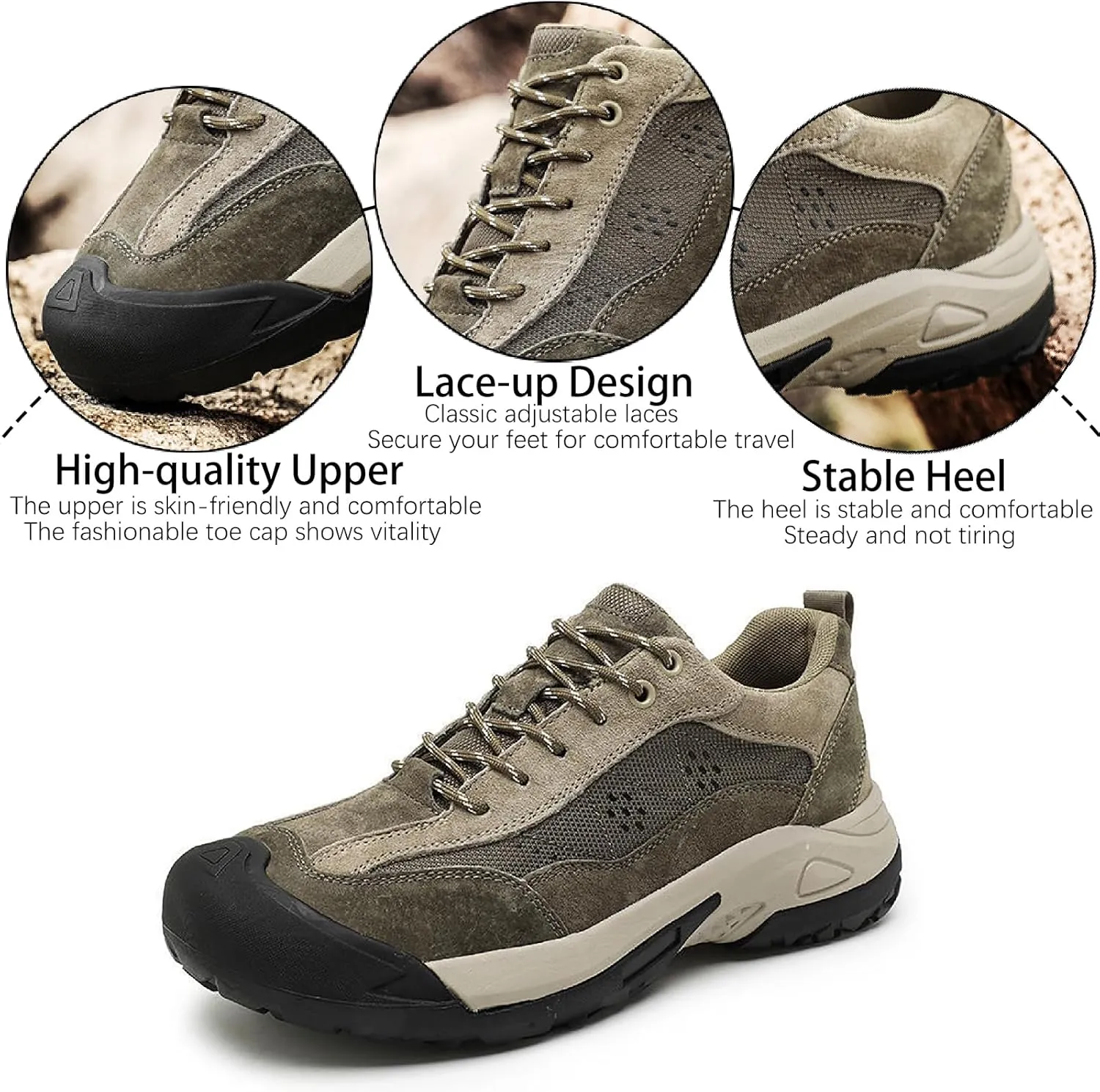 Men's Genuine Leather Waterproof Hiking Shoes Casual Lace Up Comfortable Protective Cap Toe Non-Slip Platform Trekking Sneakers for Outdoor Trailing Camping Walking Shoes