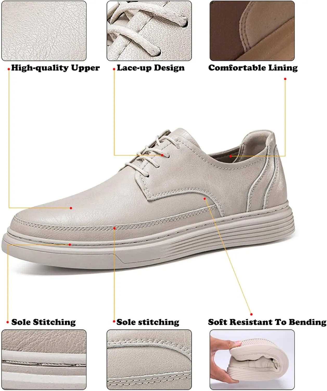 Men's Leather Flat Dress Fashion Sneakers Retro Comfortable Round Toe Stitching Details Lace-up Soft Sole Casual Skate Shoes Office Working Daily Walking Shoes