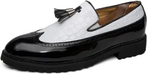 Men's Patent Leather Crocodile Pattern Tassels Slip On Loafers FashionRetro Wingtip Low Top Smoking Shoes for Business Wedding Party Formal