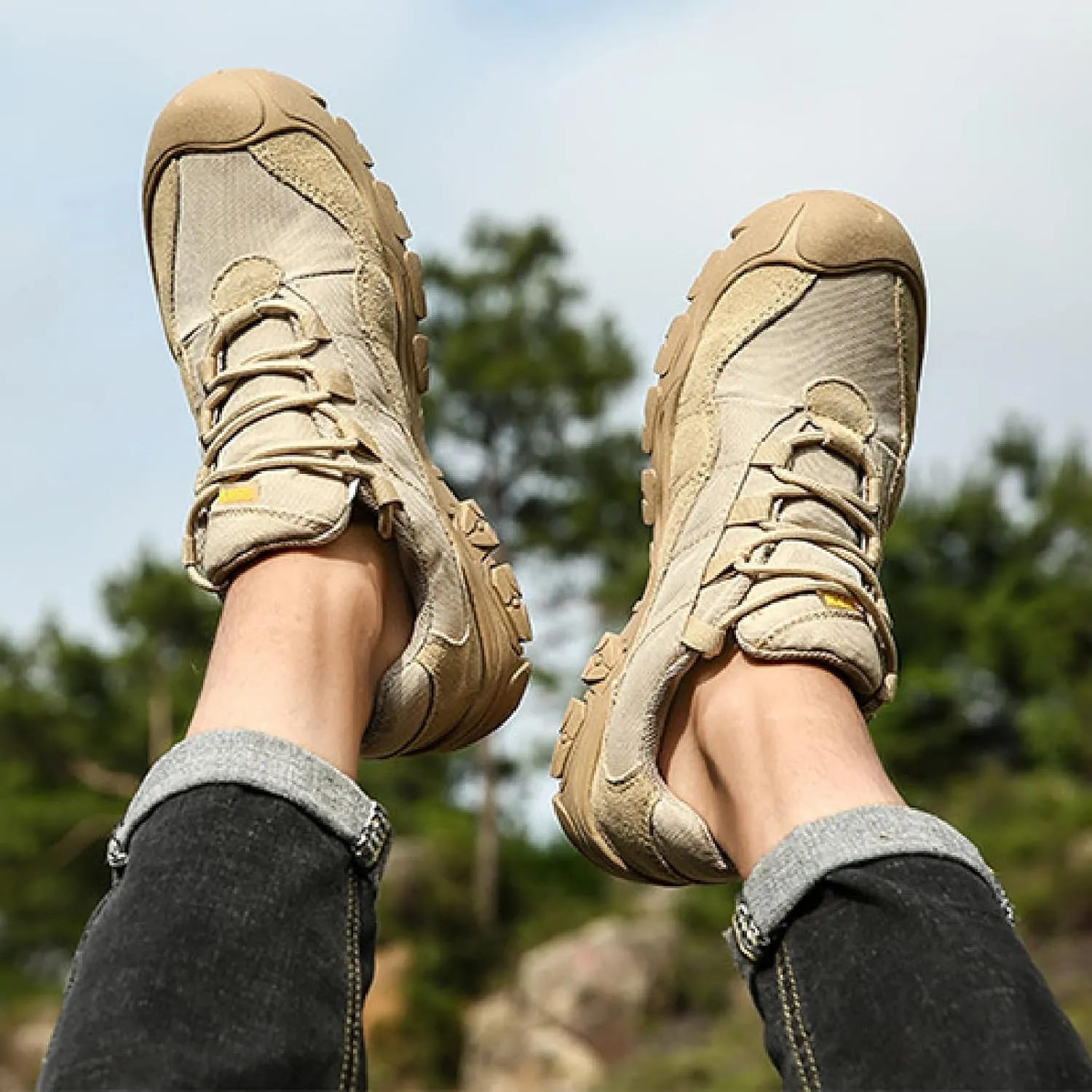 Men's Suede Lace Up Hiking Shoes Comfortable Protective Cap Toe Lug Sole Non-Slip Trekking Outdoor Sneakers Summer Lightweight Casual Walking Shoes