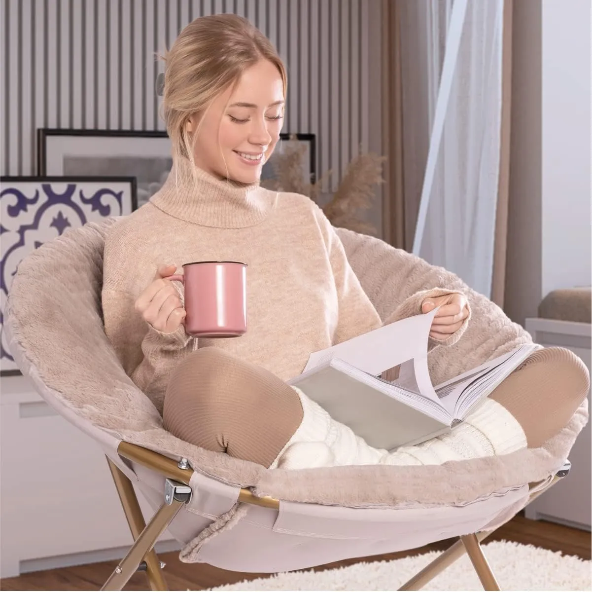 Milliard Saucer Chair For Adults, Teens & Kids, Beige, Faux Fur XL Circle Chair for Bedroom, Dorm & Gaming, Foldable Comfy Accent Seat for Small Spaces, Folding Moon / Mushroom / Round Oversized Style