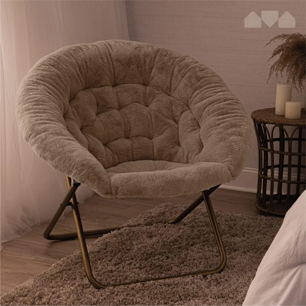 Milliard Saucer Chair For Adults, Teens & Kids, Beige, Faux Fur XL Circle Chair for Bedroom, Dorm & Gaming, Foldable Comfy Accent Seat for Small Spaces, Folding Moon / Mushroom / Round Oversized Style