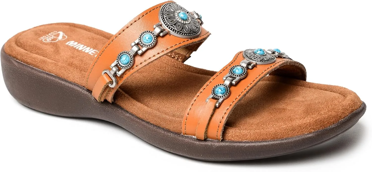 Minnetonka Brenn - Double Band Slide Sandals for Women Handcrafted with Classic Slip-On Silhouette Design, Padded Rubber Soles, and Metal Accents and Ornaments