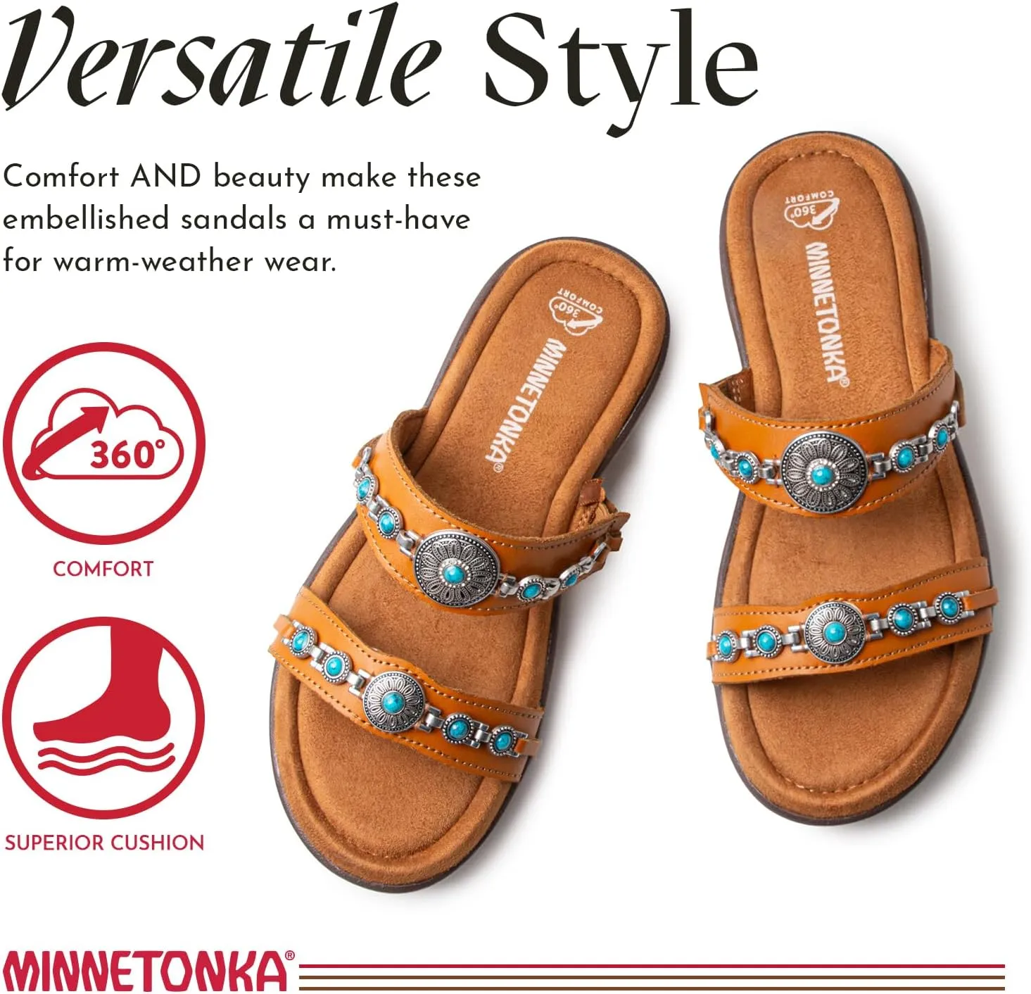 Minnetonka Brenn - Double Band Slide Sandals for Women Handcrafted with Classic Slip-On Silhouette Design, Padded Rubber Soles, and Metal Accents and Ornaments