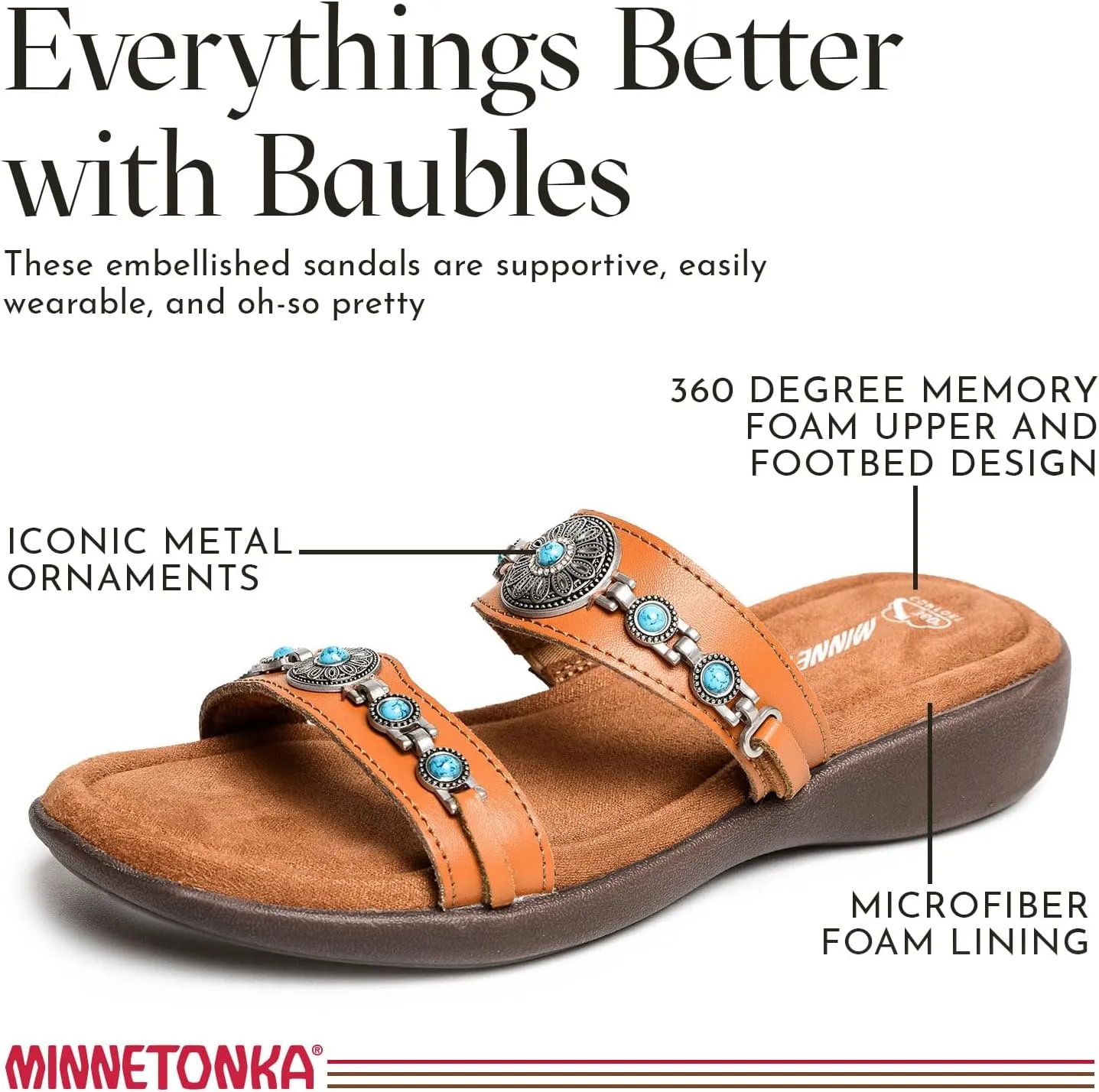 Minnetonka Brenn - Double Band Slide Sandals for Women Handcrafted with Classic Slip-On Silhouette Design, Padded Rubber Soles, and Metal Accents and Ornaments