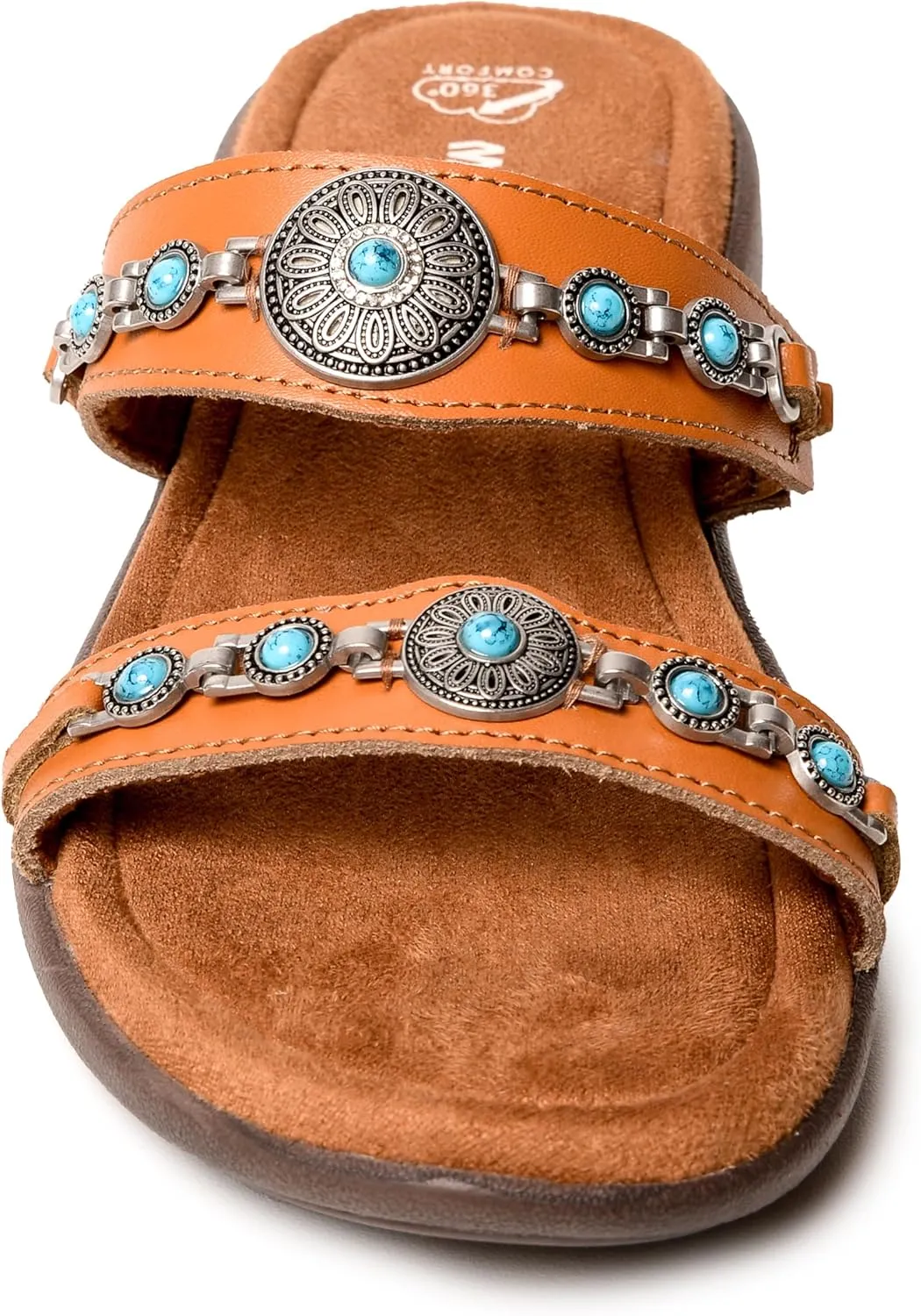 Minnetonka Brenn - Double Band Slide Sandals for Women Handcrafted with Classic Slip-On Silhouette Design, Padded Rubber Soles, and Metal Accents and Ornaments