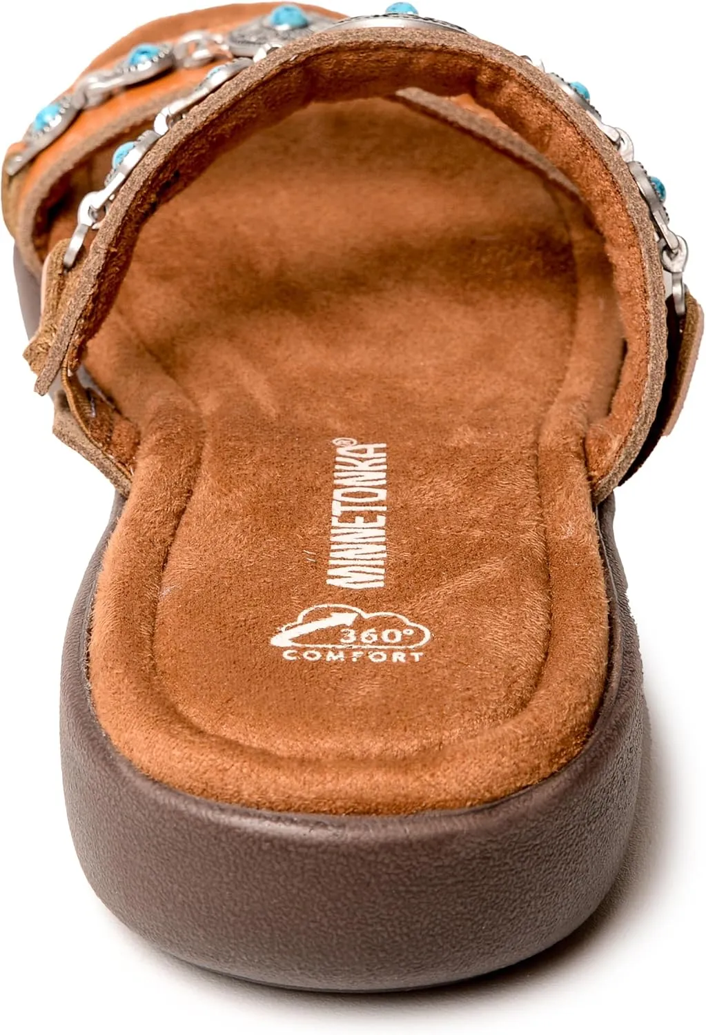 Minnetonka Brenn - Double Band Slide Sandals for Women Handcrafted with Classic Slip-On Silhouette Design, Padded Rubber Soles, and Metal Accents and Ornaments