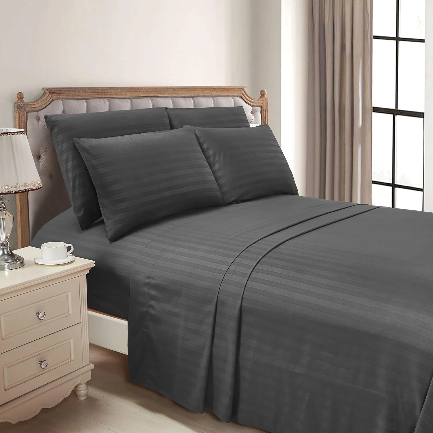 Mocassi Cali King Stripe Sheet Set - Luxury Hotel 1800 Premier Bedding Sheets & Pillowcases - Ultra Soft Breathable & Cooling Bed Sheets - Wrinkle Resistant - 6 Piece Set - California King, Gray