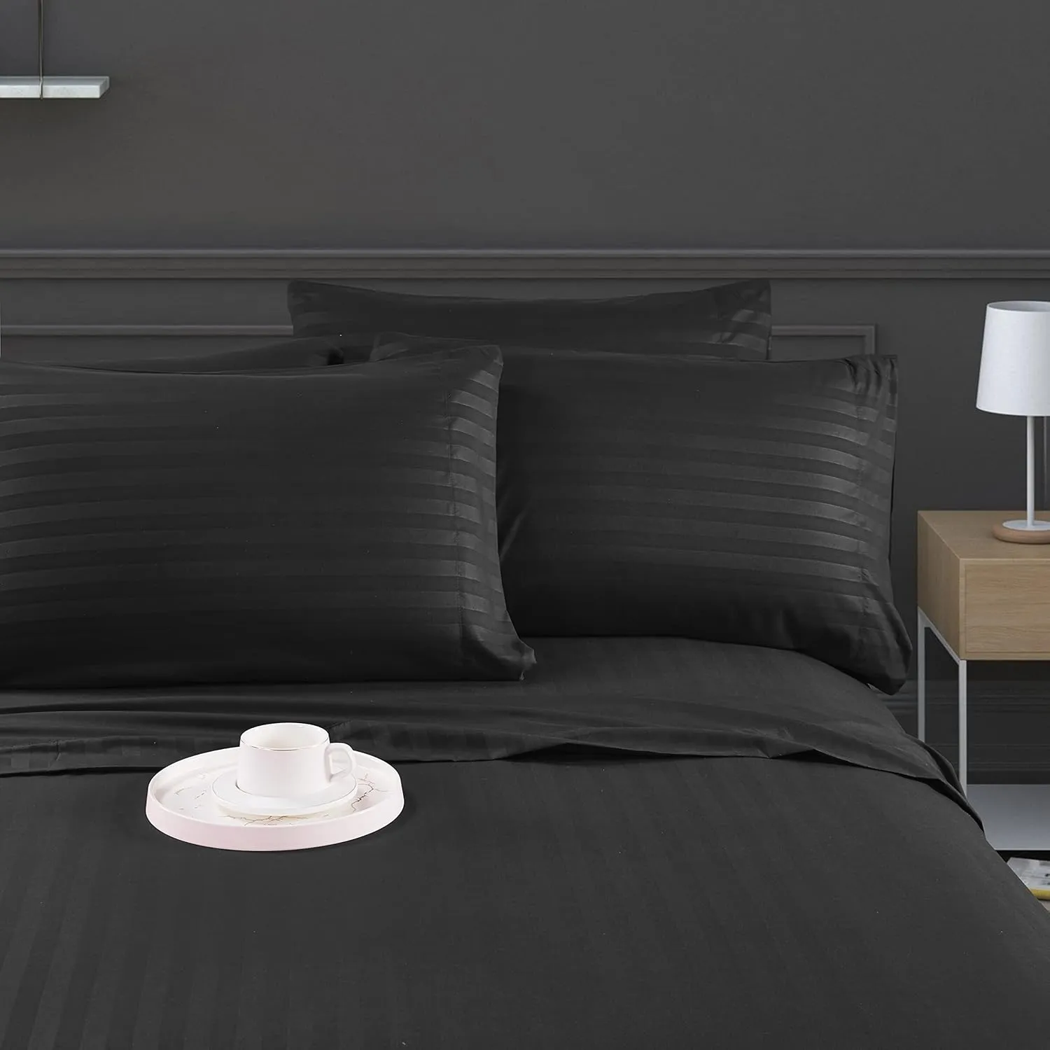 Mocassi Queen Stripe Sheet Set - Luxury Hotel 1800 Premier Bedding Sheets & Pillowcases - Ultra Soft Breathable & Cooling Bed Sheets - Wrinkle Resistant - 6 Piece Set - Queen, Black