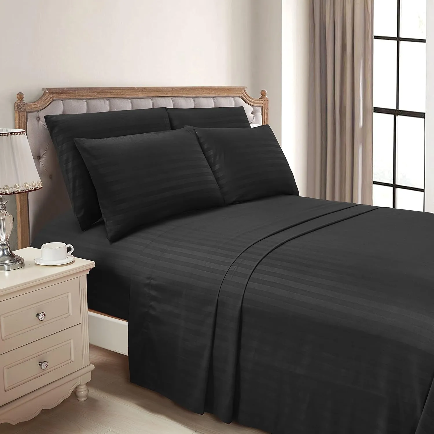 Mocassi Queen Stripe Sheet Set - Luxury Hotel 1800 Premier Bedding Sheets & Pillowcases - Ultra Soft Breathable & Cooling Bed Sheets - Wrinkle Resistant - 6 Piece Set - Queen, Black