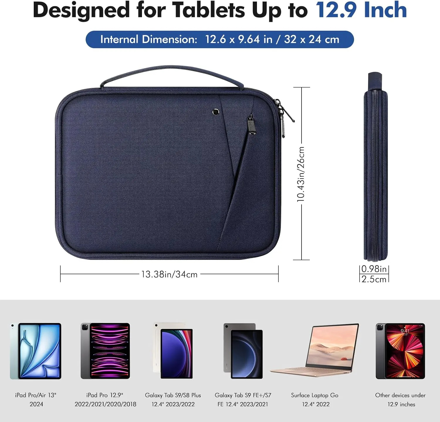 MoKo 12.9 Inch Tablet Sleeve Carrying Case with Handle, Padded Protective Travel Bag for 13 Inch New iPad Pro M4 & Air M2 2024, iPad Pro 12.9 M2&M1, Galaxy Tab S9/S8 Plus 12.4" 2023/2022, Indigo