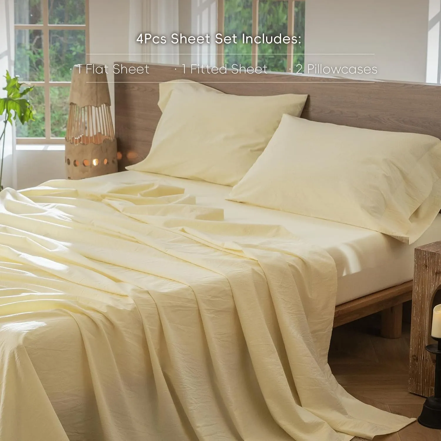 MooMee Bedding Sheet Set 100% Washed Cotton Linen Like Textured Breathable Durable Soft Comfy (Heathered Butter Yellow, Queen)