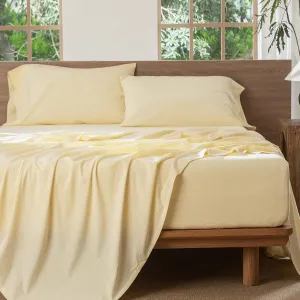MooMee Bedding Sheet Set 100% Washed Cotton Linen Like Textured Breathable Durable Soft Comfy (Heathered Butter Yellow, Queen)