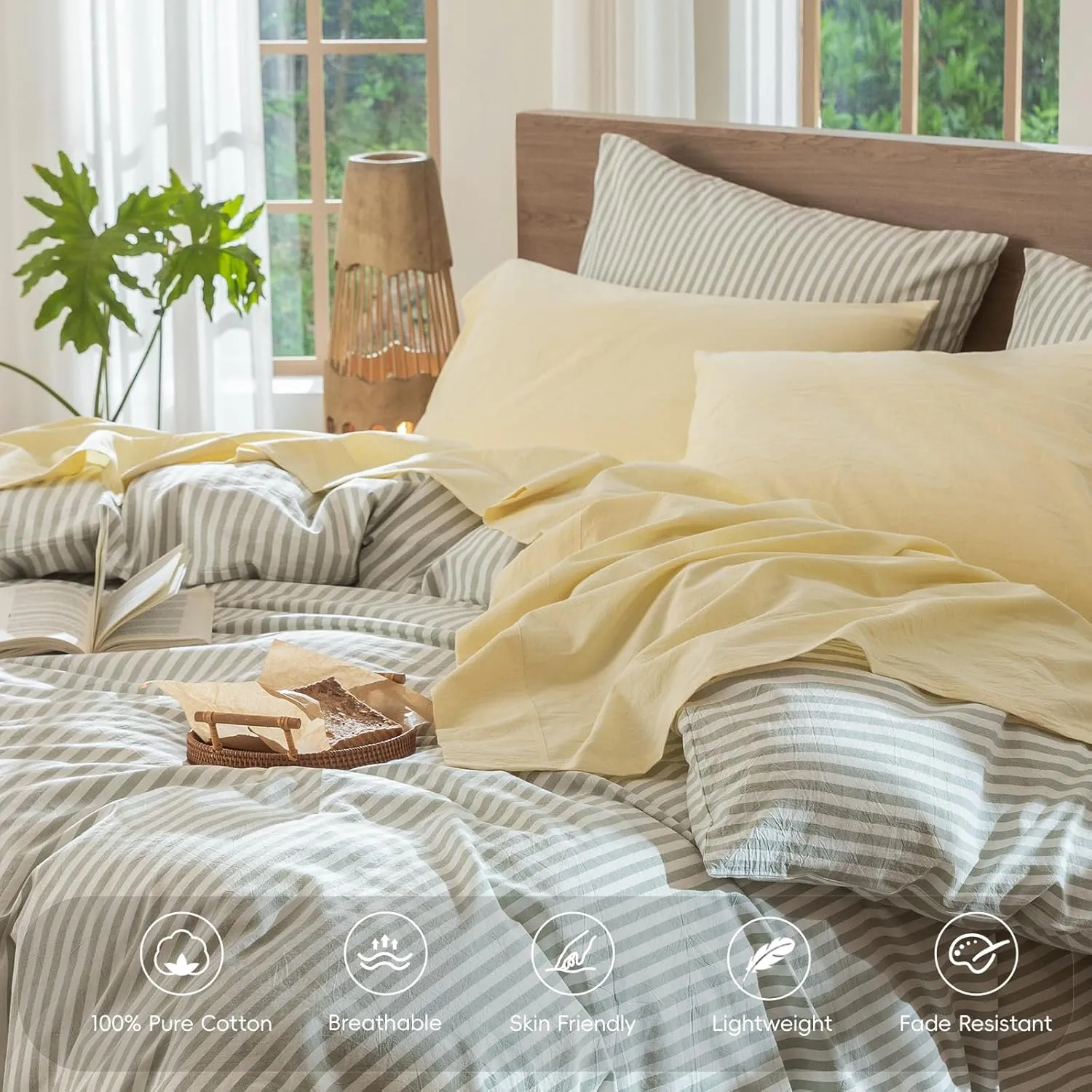 MooMee Bedding Sheet Set 100% Washed Cotton Linen Like Textured Breathable Durable Soft Comfy (Heathered Butter Yellow, Queen)