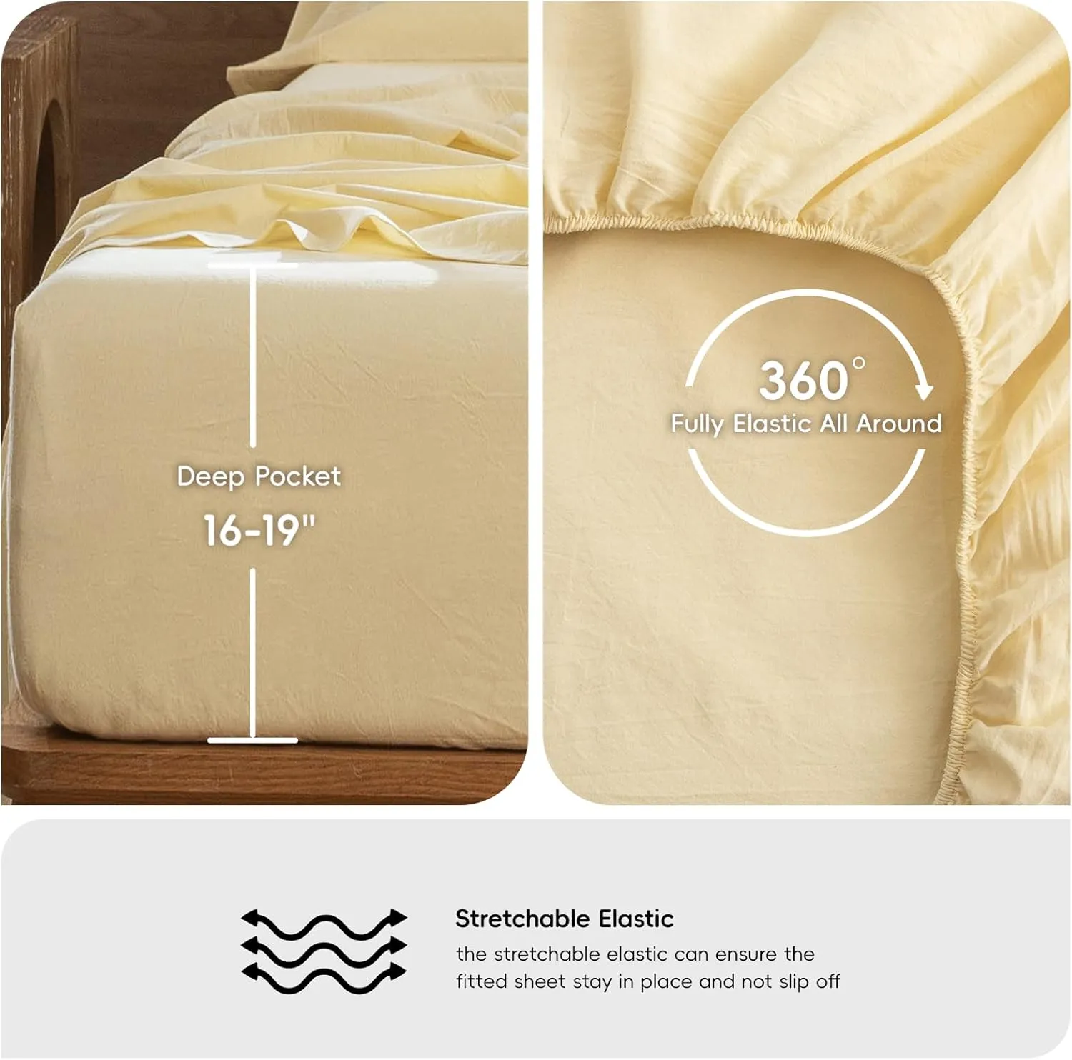 MooMee Bedding Sheet Set 100% Washed Cotton Linen Like Textured Breathable Durable Soft Comfy (Heathered Butter Yellow, Queen)