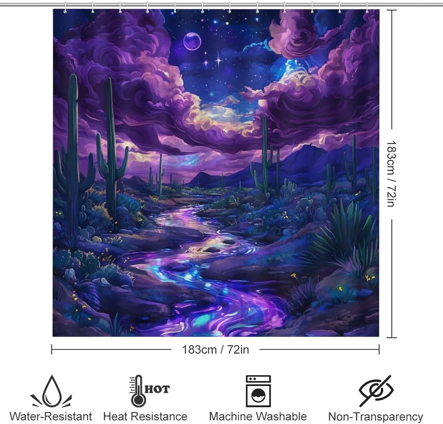 Mountain Stream Fantasy 4 Pcs Shower Curtain Set, Non Slip Rug Toilet Lid Cover Bath Mat, Desert Star Galaxy Cactus Bathroom Shower Decor Set Accessory, 72 x 72 Inch