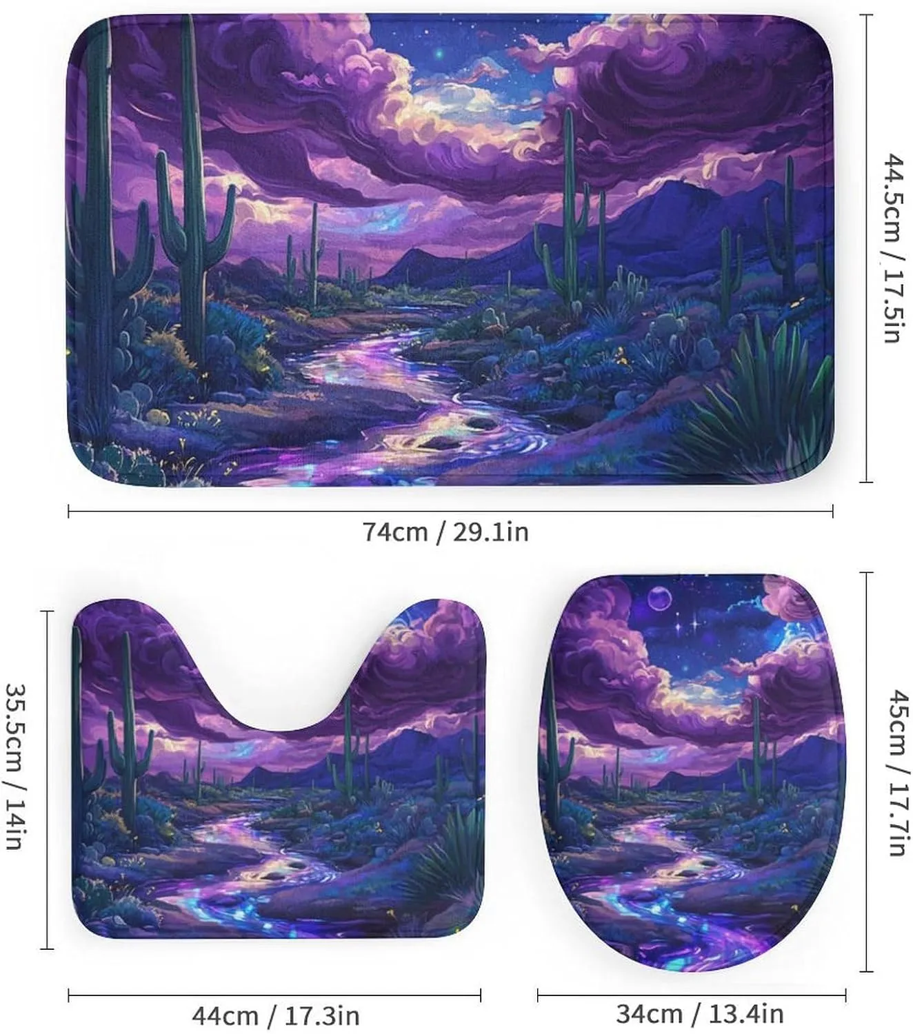 Mountain Stream Fantasy 4 Pcs Shower Curtain Set, Non Slip Rug Toilet Lid Cover Bath Mat, Desert Star Galaxy Cactus Bathroom Shower Decor Set Accessory, 72 x 72 Inch