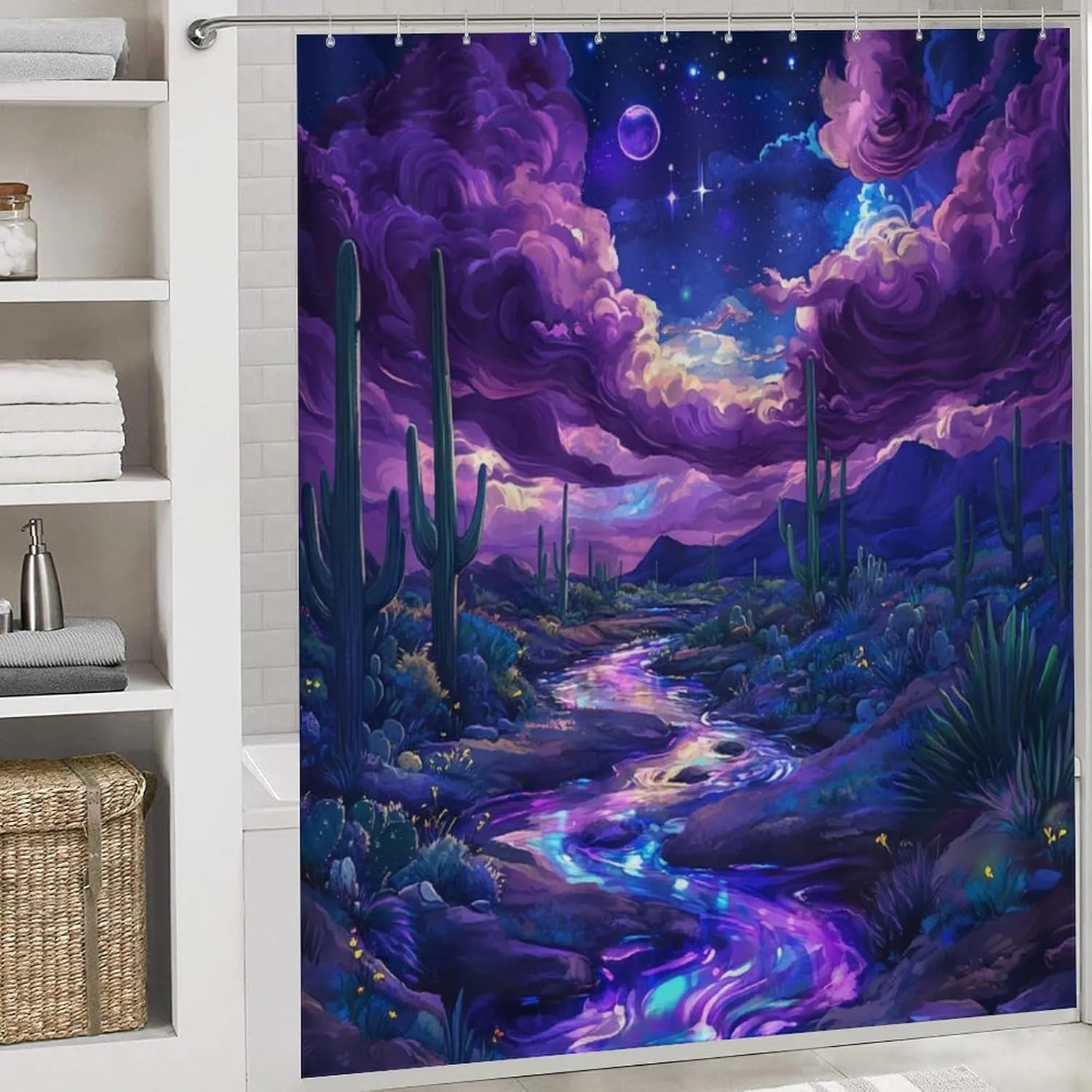 Mountain Stream Fantasy 4 Pcs Shower Curtain Set, Non Slip Rug Toilet Lid Cover Bath Mat, Desert Star Galaxy Cactus Bathroom Shower Decor Set Accessory, 72 x 72 Inch