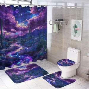 Mountain Stream Fantasy 4 Pcs Shower Curtain Set, Non Slip Rug Toilet Lid Cover Bath Mat, Desert Star Galaxy Cactus Bathroom Shower Decor Set Accessory, 72 x 72 Inch