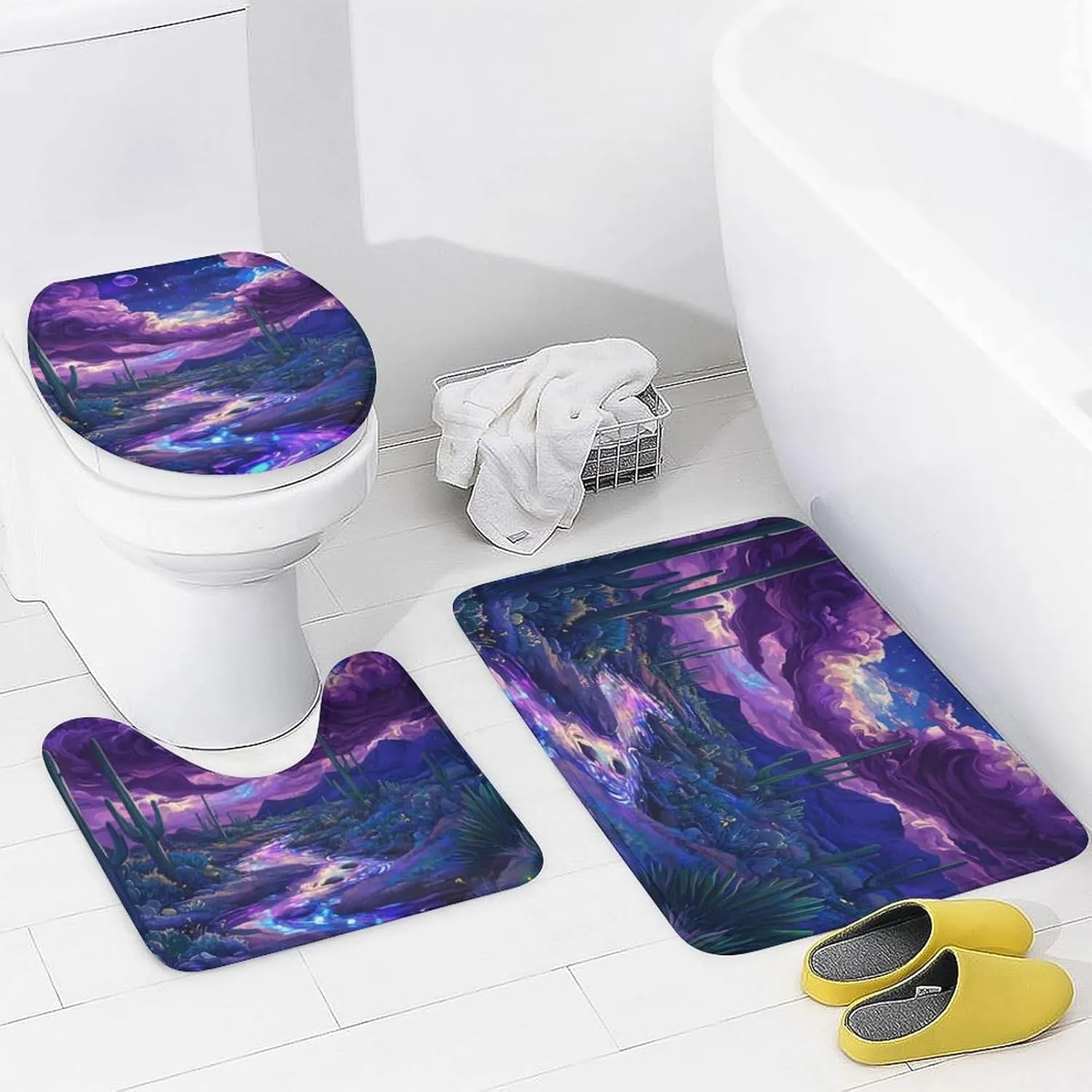 Mountain Stream Fantasy 4 Pcs Shower Curtain Set, Non Slip Rug Toilet Lid Cover Bath Mat, Desert Star Galaxy Cactus Bathroom Shower Decor Set Accessory, 72 x 72 Inch