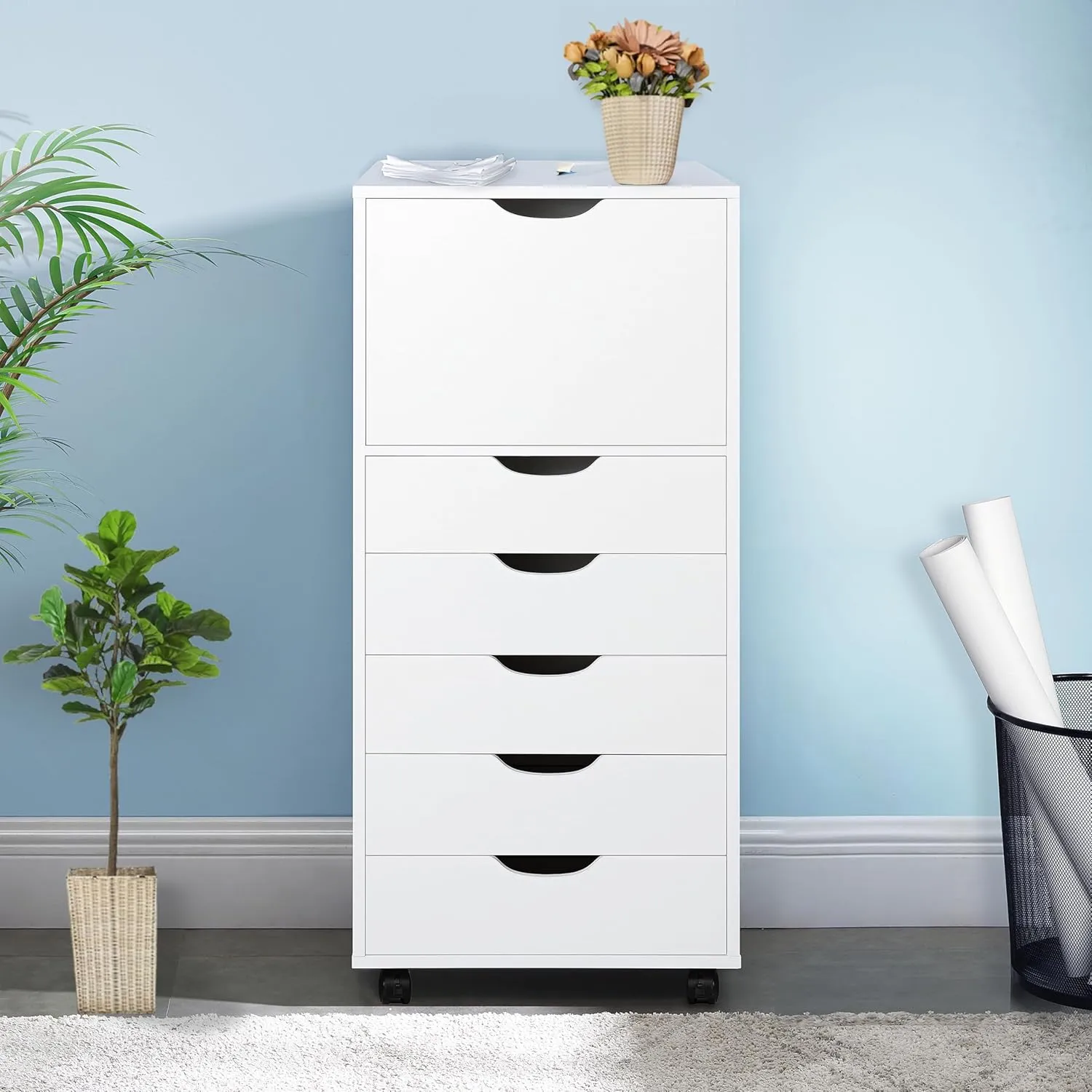 Naomi Home Carly 6-Drawer Office Storage File Cabinet on Wheels, Mobile Under Desk Filing Drawer Unit, Craft Storage Organization for Home, Office – White