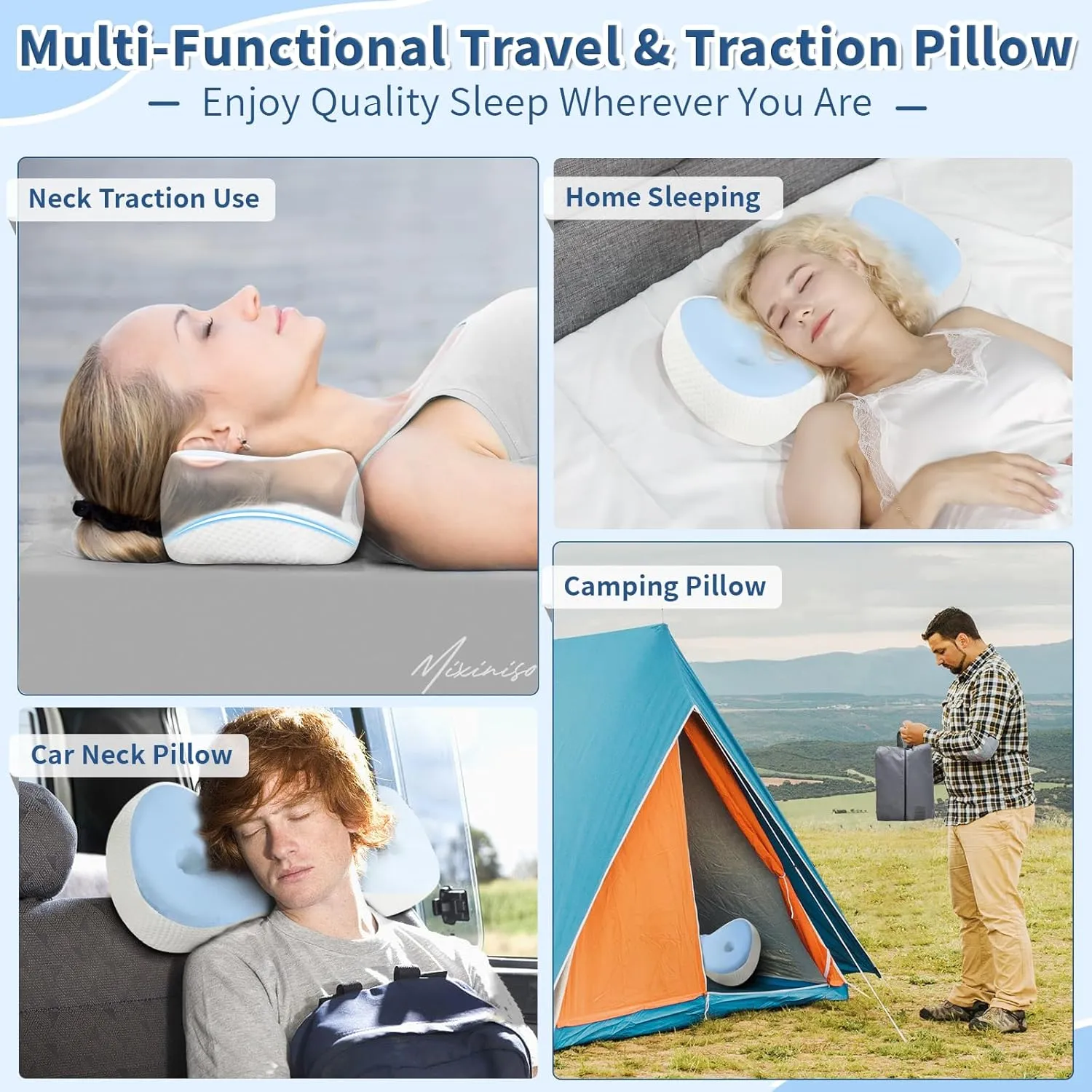 Neck Support Pillow, Small Cervical Neck Roll Pillow Memory Foam, Cervical Traction Device, Premium Neck Bolster Pillow for Side Sleepers, Camping & Travel Pillow with Portable Bag (sky blue)