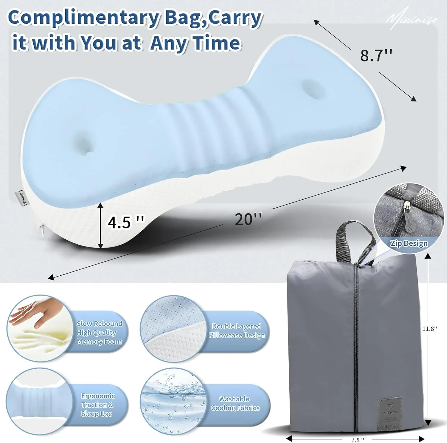 Neck Support Pillow, Small Cervical Neck Roll Pillow Memory Foam, Cervical Traction Device, Premium Neck Bolster Pillow for Side Sleepers, Camping & Travel Pillow with Portable Bag (sky blue)