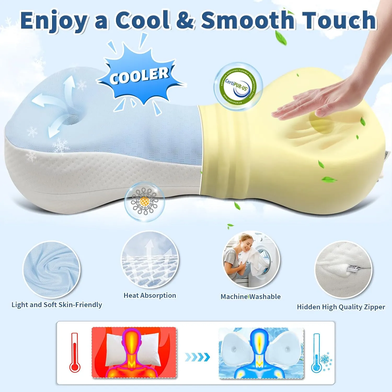 Neck Support Pillow, Small Cervical Neck Roll Pillow Memory Foam, Cervical Traction Device, Premium Neck Bolster Pillow for Side Sleepers, Camping & Travel Pillow with Portable Bag (sky blue)