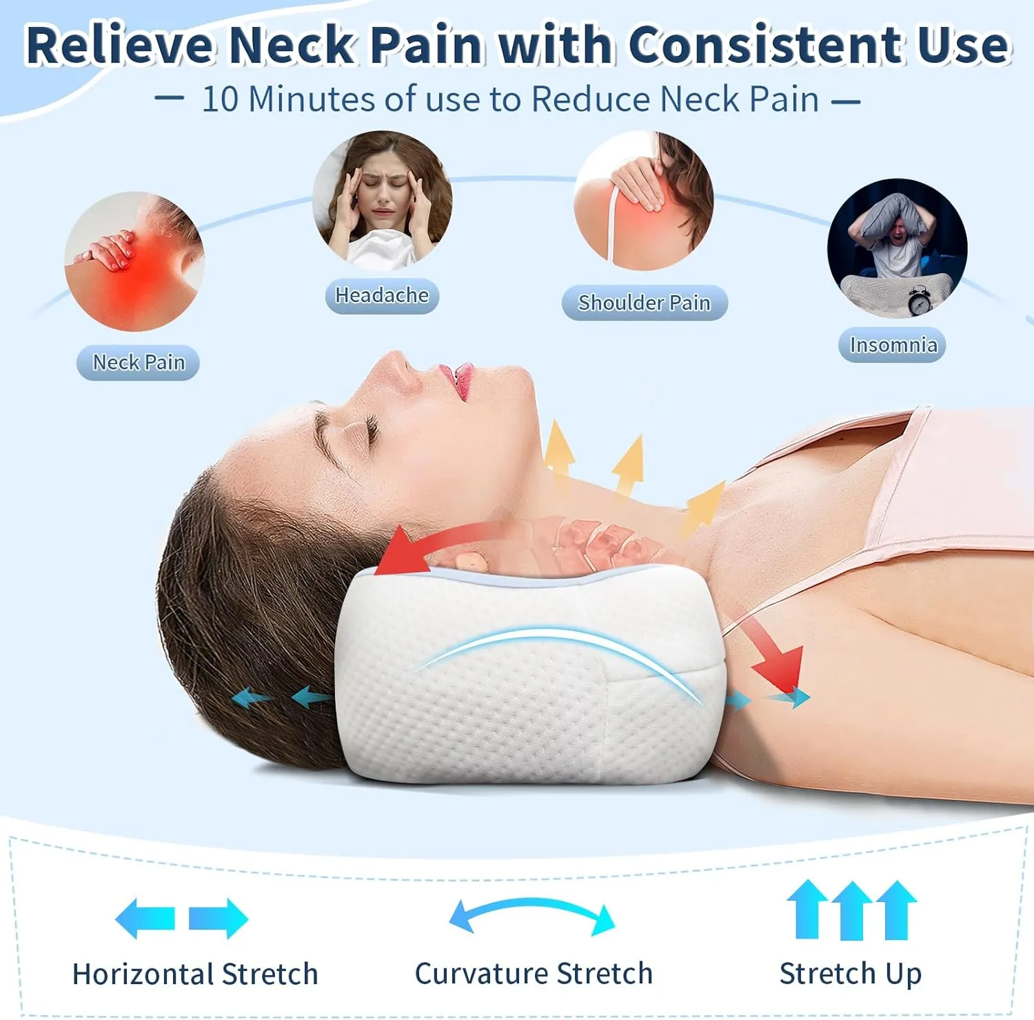 Neck Support Pillow, Small Cervical Neck Roll Pillow Memory Foam, Cervical Traction Device, Premium Neck Bolster Pillow for Side Sleepers, Camping & Travel Pillow with Portable Bag (sky blue)