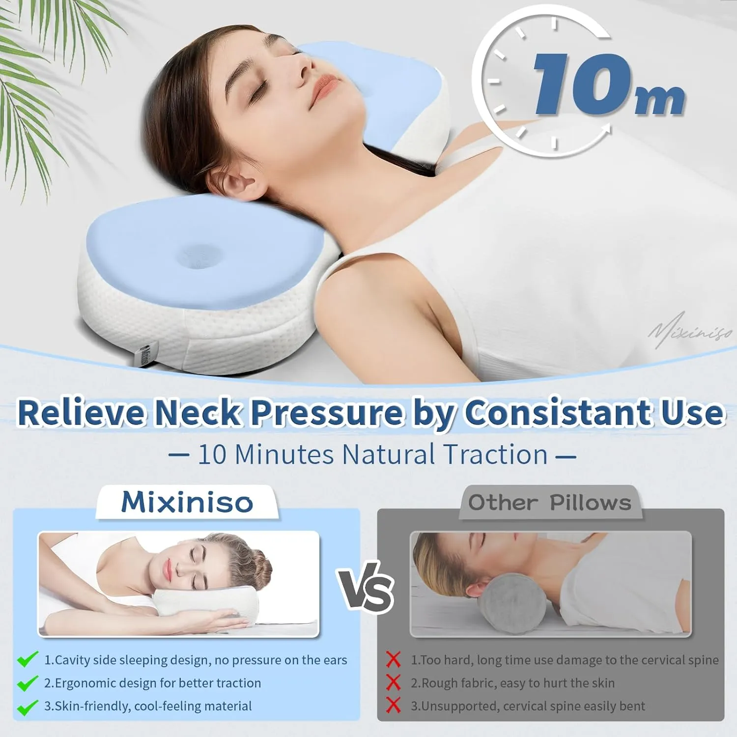 Neck Support Pillow, Small Cervical Neck Roll Pillow Memory Foam, Cervical Traction Device, Premium Neck Bolster Pillow for Side Sleepers, Camping & Travel Pillow with Portable Bag (sky blue)