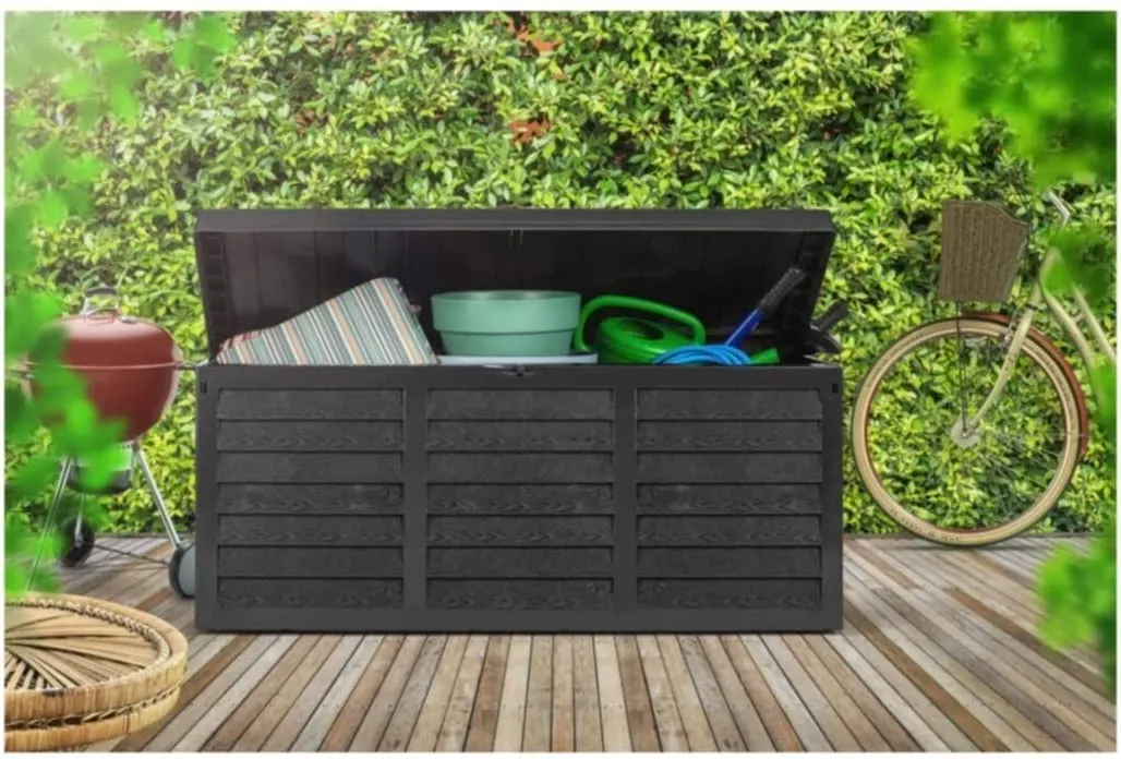 NEW BLACK 320L INDOOR/OUTDOOR PLASTIC GARDEN STORAGE BOX BY GR8 GARDEN!