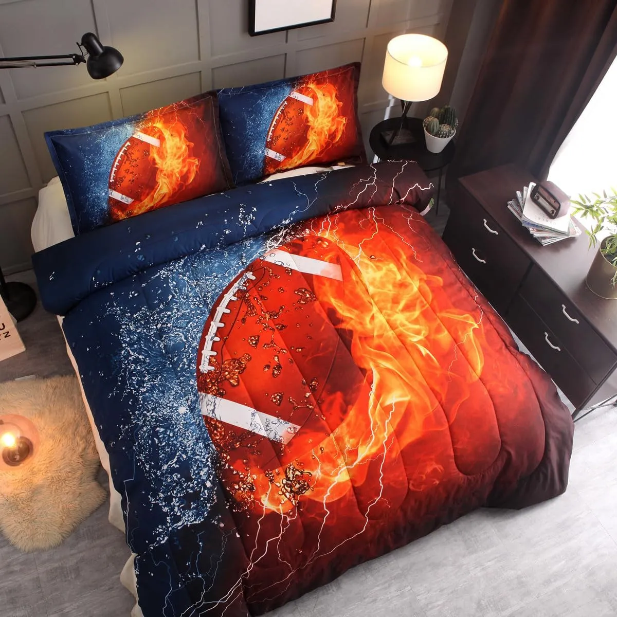 NTBED American Football Comforter Set for Boys Teens,3D Sports Bedding Full Size 6pcs,Rugby Printed Quilt Sets with 2 Matching Pillow Shams