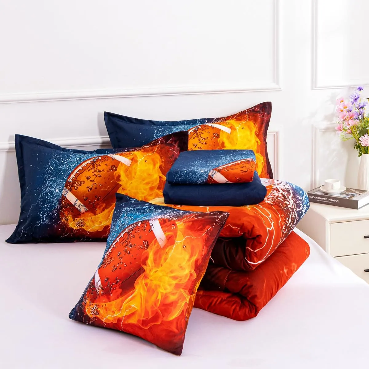 NTBED American Football Comforter Set for Boys Teens,3D Sports Bedding Full Size 6pcs,Rugby Printed Quilt Sets with 2 Matching Pillow Shams