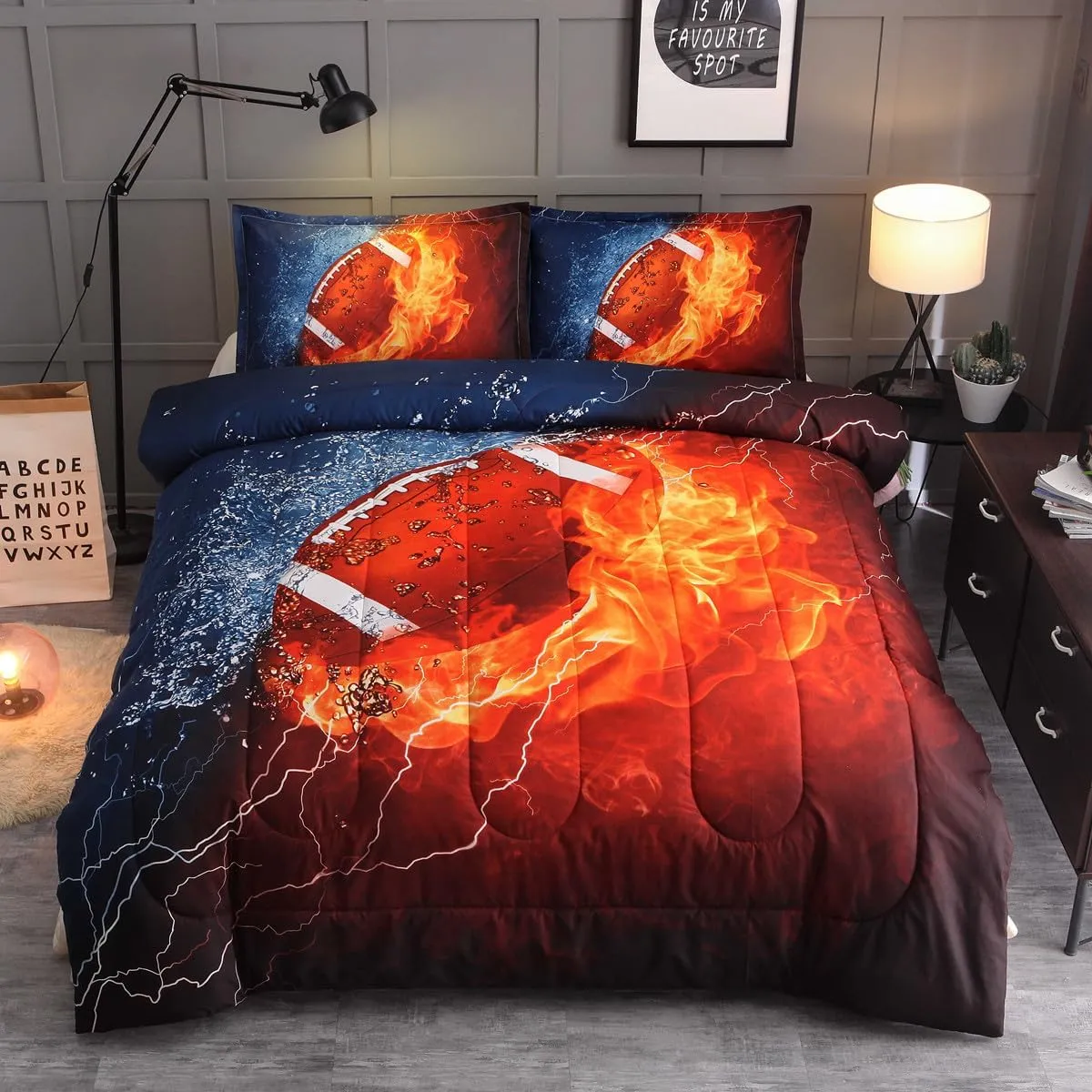 NTBED American Football Comforter Set for Boys Teens,3D Sports Bedding Full Size 6pcs,Rugby Printed Quilt Sets with 2 Matching Pillow Shams