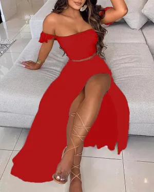Off Shoulder Women Two Piece Set Dress - Sexy Slash Neck Top and Slit Summer Long Party Dress Suits Solid Color Ski