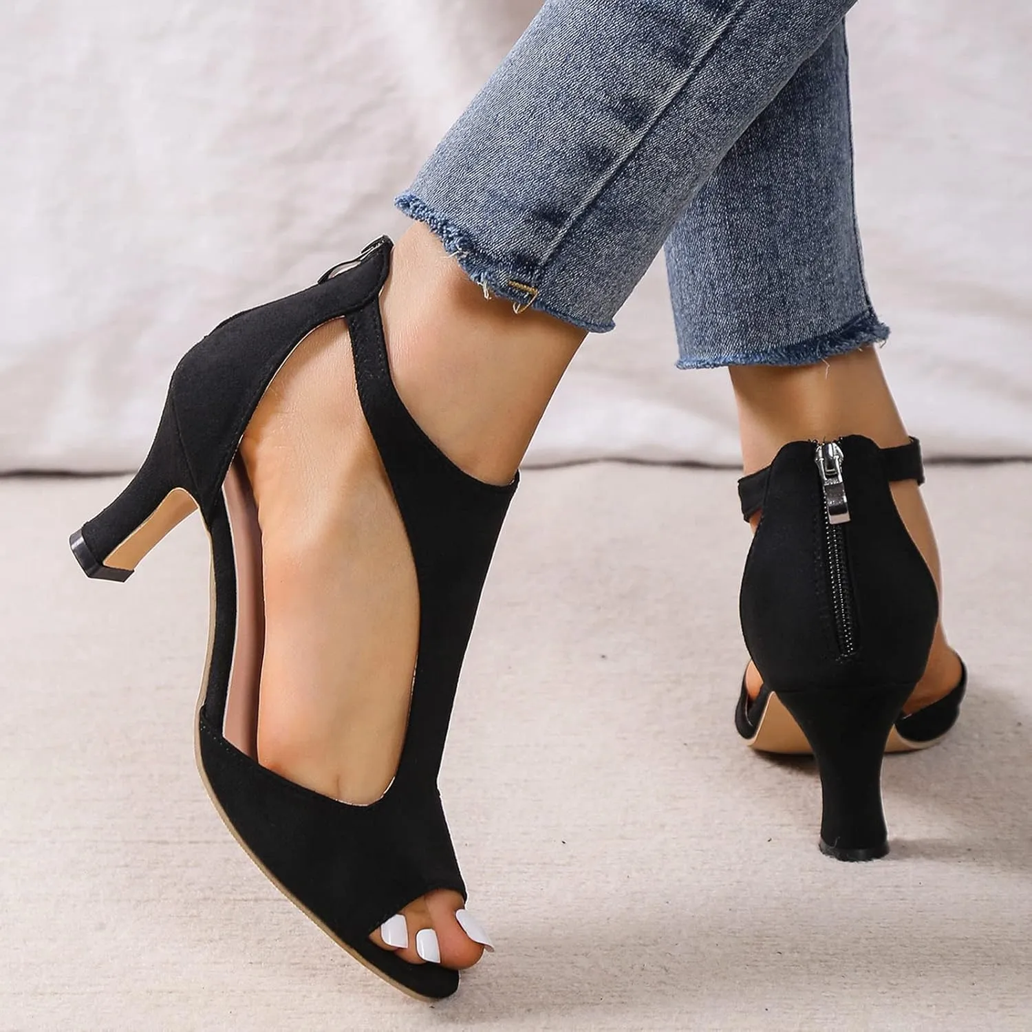 oiangi Womens Shoes Summer Heeled Sandals Fashion Casual Back Zipper Fish Mouth Open Toe High Heel Shoes Solid Comfy Side Cutout Outdoor Ladies Shoes